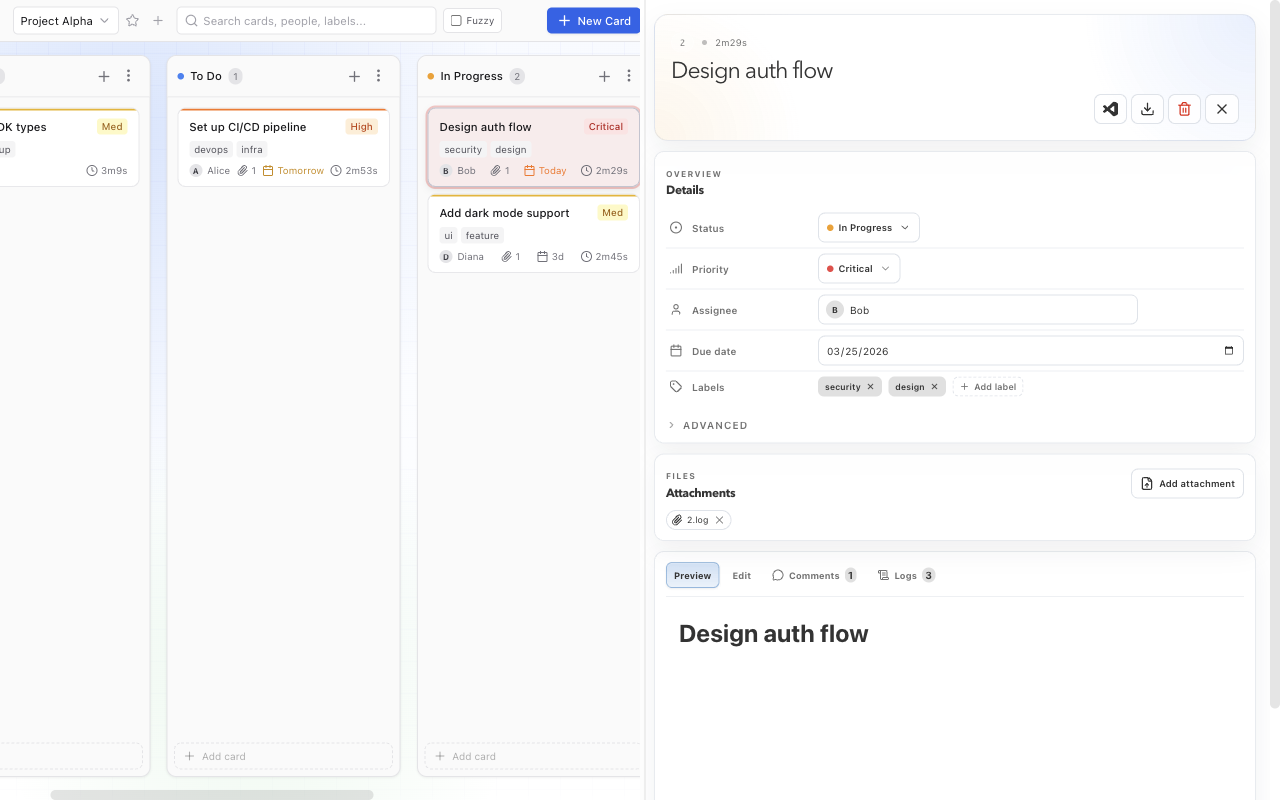 Kanban Lite card detail panel showing metadata, labels, attachments, and tabbed body