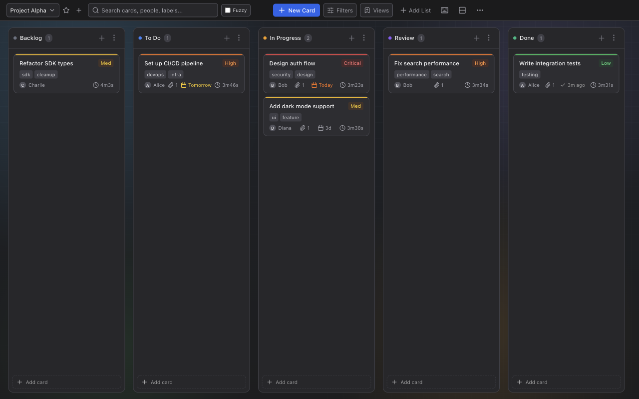Kanban Lite board in dark mode showing all columns and cards