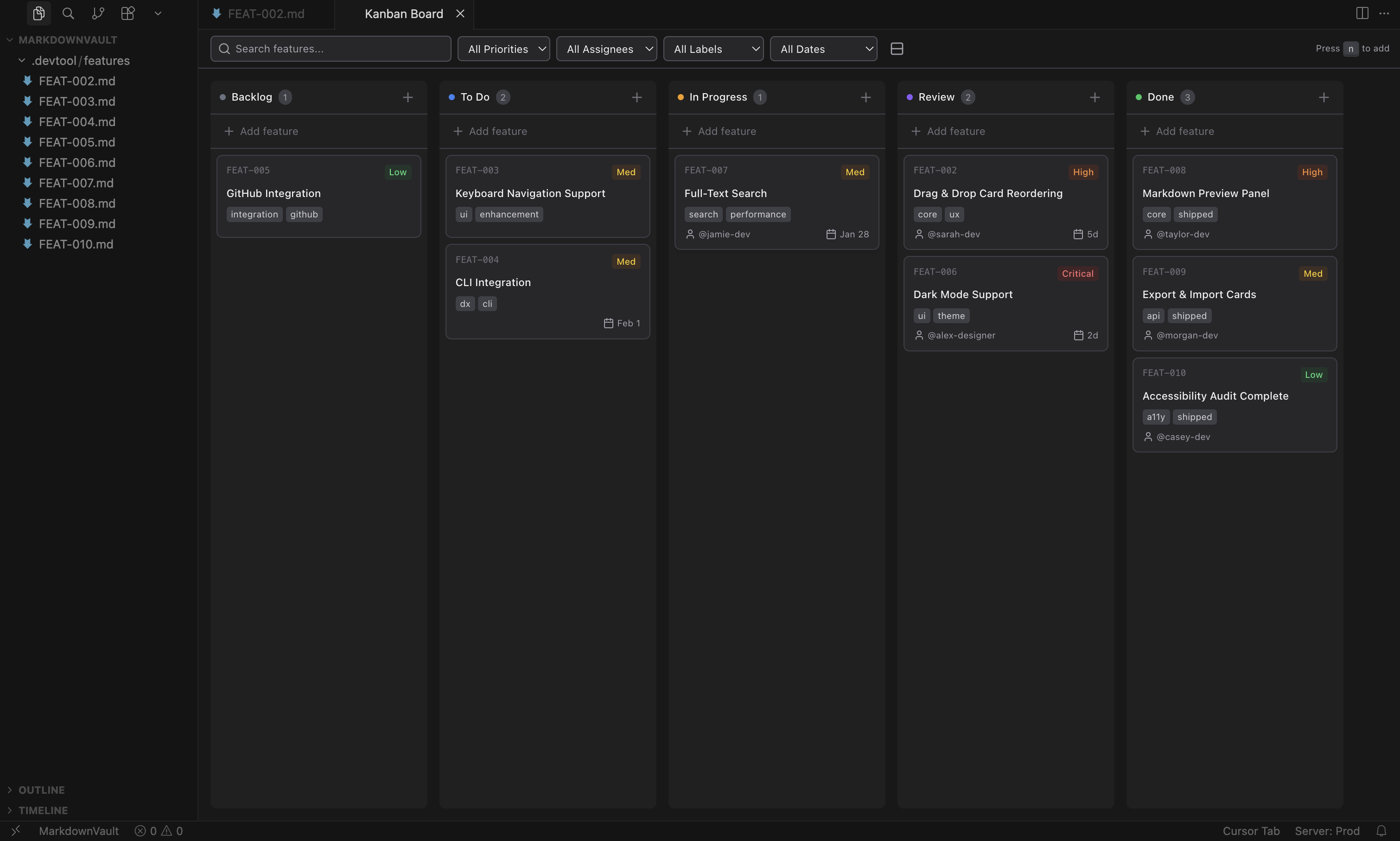 Kanban Lite inline card editor with markdown body and metadata panel