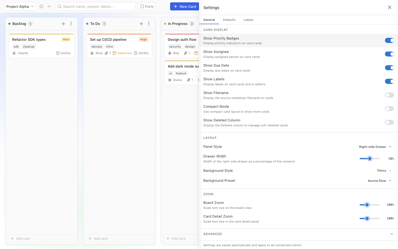 Kanban Lite settings panel with card display toggles, layout options, and zoom controls